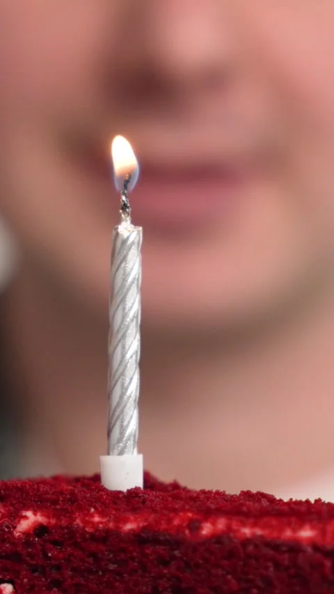 Vertical screen: Cropped view of 30s man holding birthday cake with burning Stock Footage 263146725