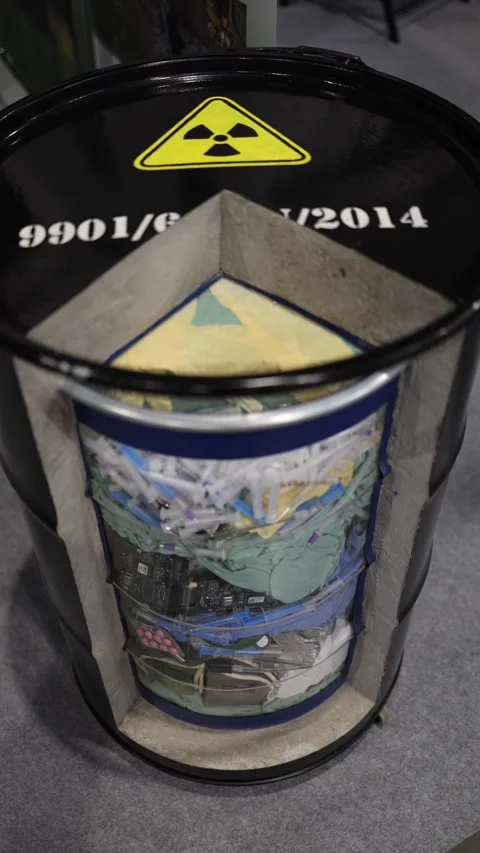 Vertical screen cross-section of radioactive waste barrel reveals tightly packed Stock Footage 311130330