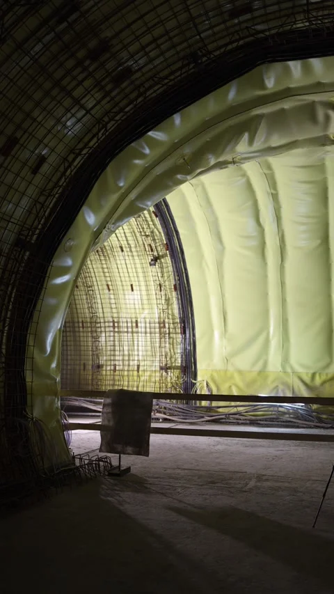 Vertical screen curved underground tunnel section wrapped in yellow waterproof m Stock Footage 309648864