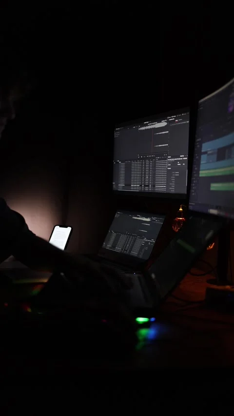 Vertical screen: A dark workspace illuminated by multiple monitors displaying vi Video stock 297110333