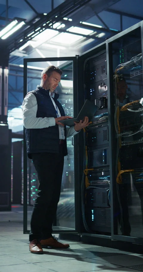 Vertical Screen Data Center Engineer Using Laptop Computer Video stock 320001485