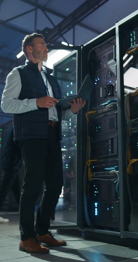 Vertical Screen Data Center Engineer Using Laptop Computer Stock Footage 320001486