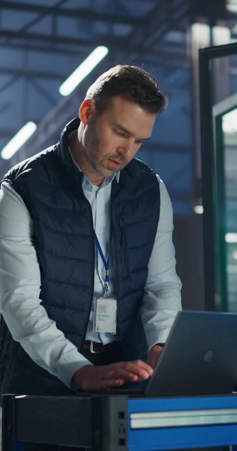 Vertical Screen Data Center Engineer Using Laptop Computer Stock Footage 320001611