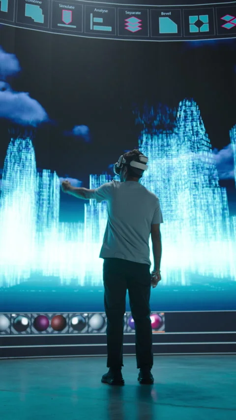 Vertical Screen Designer Using VR with Screen Wall Creating City Buildings Video stock 318148993