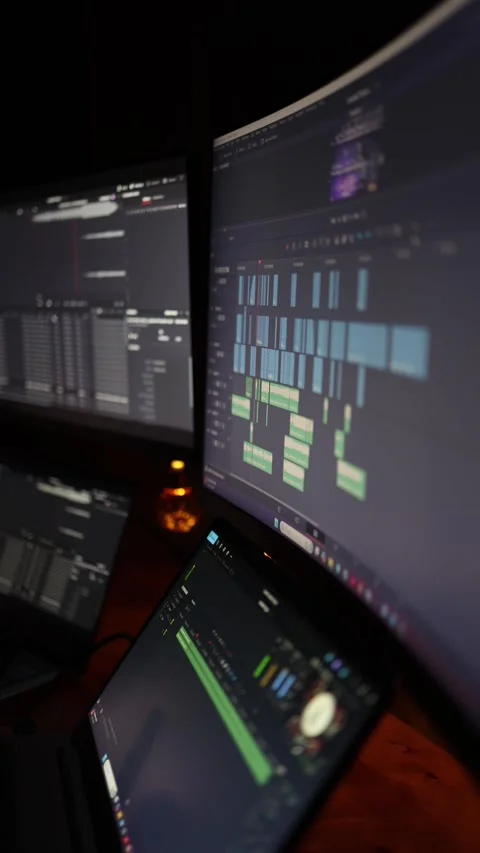 Vertical screen: A detailed view of multiple monitors showcasing an intricate ed Stock Footage 297111003