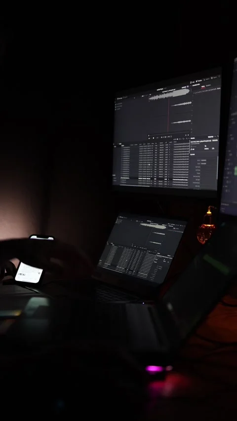 Vertical screen: A dimly lit workspace featuring multiple monitors with video ed Video stock 297110425