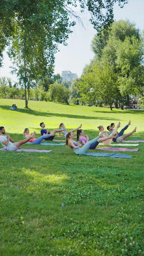Vertical Screen: Diverse group sitting and balancing in Boat pose in summer park Stock Footage 276504226