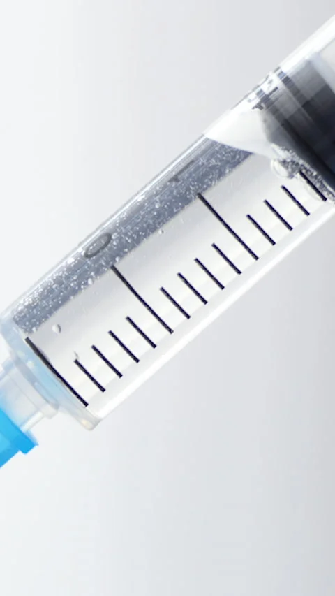 Vertical Screen: a doctor's hand holds a syringe and a blue vaccine bottle in a Stock Footage 232256034