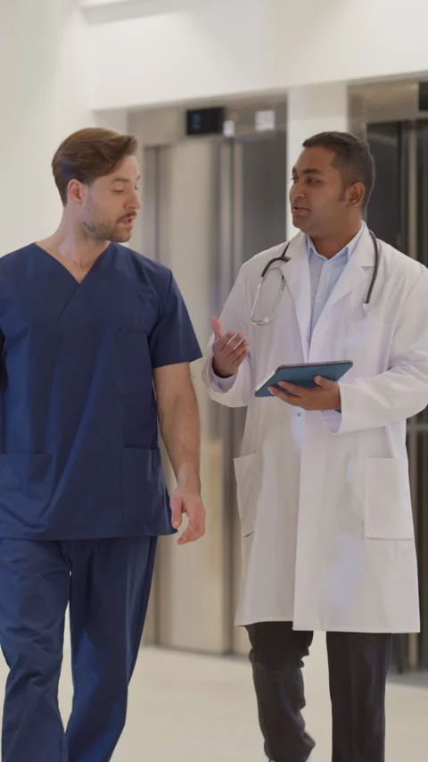 Vertical Screen Doctors Having Discussion in Hospital Lobby Stock Footage 296191142