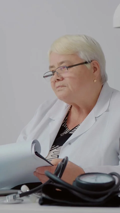 Vertical Screen Double checking patients histories done by nurse using computer Stock Footage 299992093