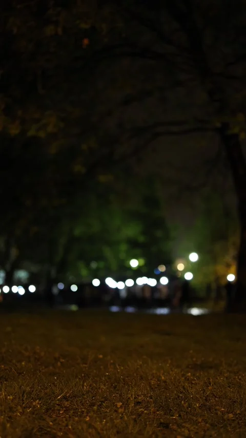 Vertical screen: A dreamy night scene shows blurred lights from headlamps floati Stock Footage 307623044