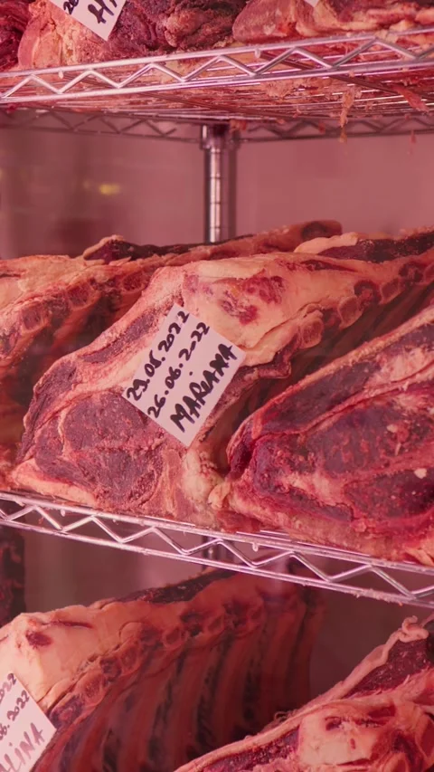 Vertical Screen Dry aging cabinet with beef meat in cold storage. Vídeos de archivo 299954305