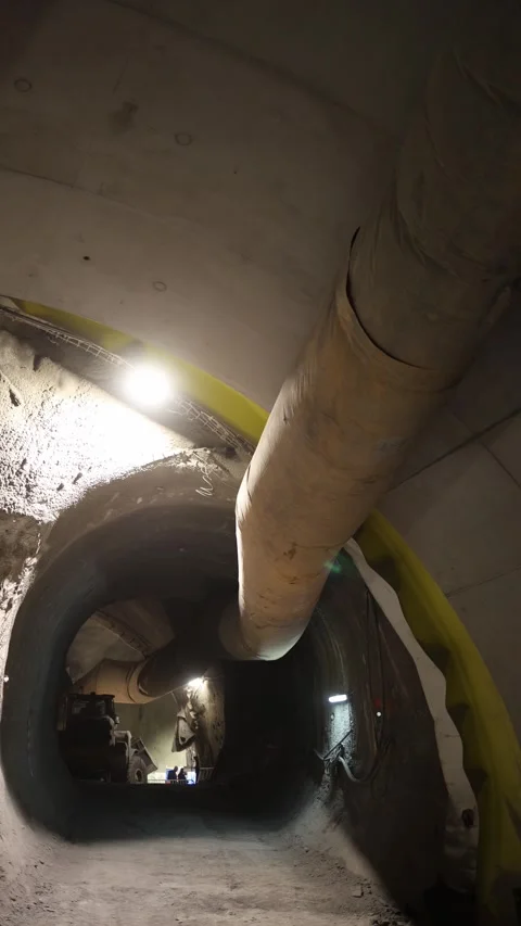 Vertical screen dusty tunnel under construction with curved walls heavy loader a Stock Footage 309652724