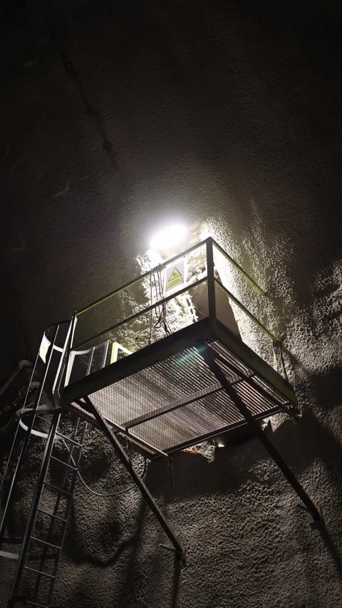 Vertical screen emergency shaft exit with narrow metal ladder and grated platfor Stock Footage 309648283