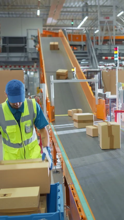 Vertical Screen Employees Loading Parcels in Sorting Center Stock Footage 319006944