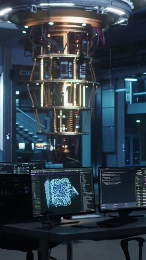 Vertical Screen Empty Office Space with Quantum Computer 스톡 동영상 318966163