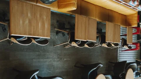 Vertical screen: Empty places in restaurant, no people. Tables and chairs Stock Footage 170751103