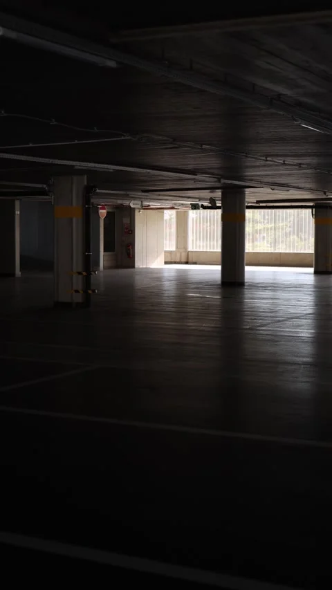 Vertical screen empty underground parking garage with concrete pillars dim artif Stock Footage 315159388