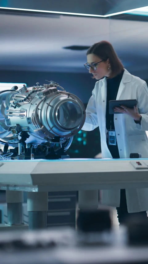 Vertical Screen Engineer Working on Turbine Engine Video stock 243562833