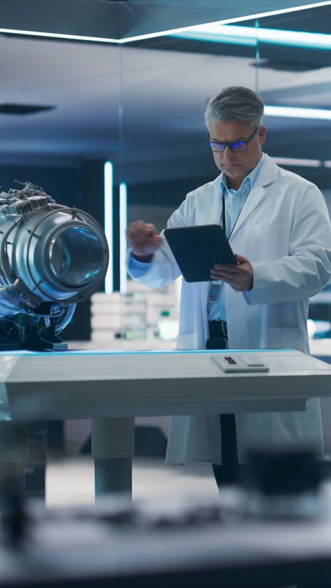 Vertical Screen Engineer Working on Turbine Engine Video stock 243562879