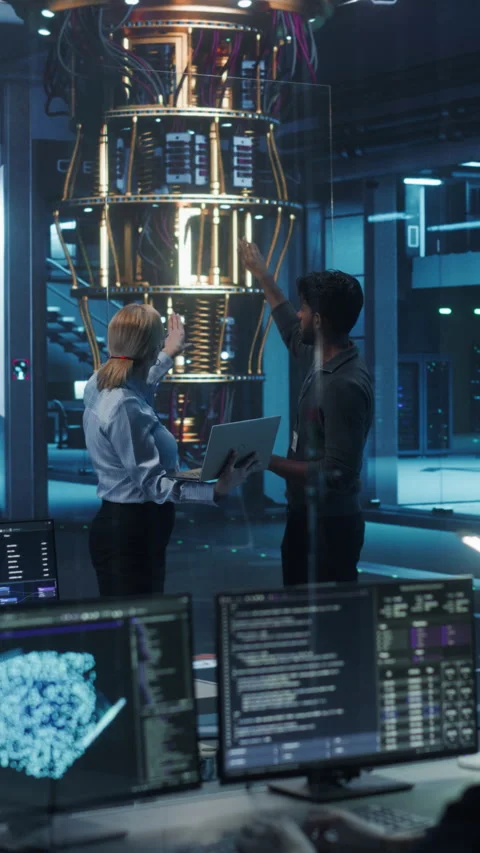 Vertical Screen Engineers Working with Quantum Computer Stock Footage 318966006