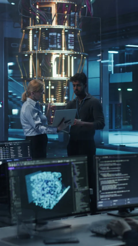 Vertical Screen Engineers Working with Quantum Computer Stock Footage 318966012