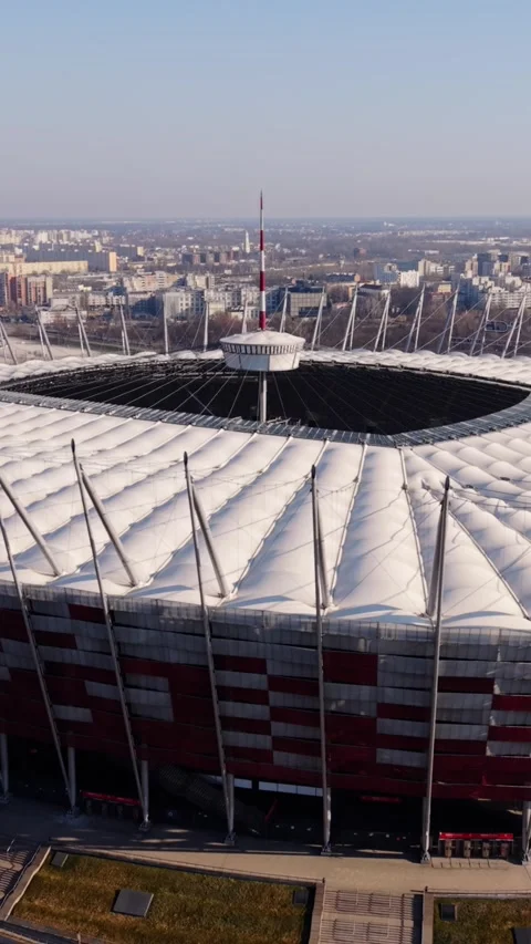 Vertical screen Exterior View Of Warsaw Stadium Facade With Red And White Stock Footage 333784152