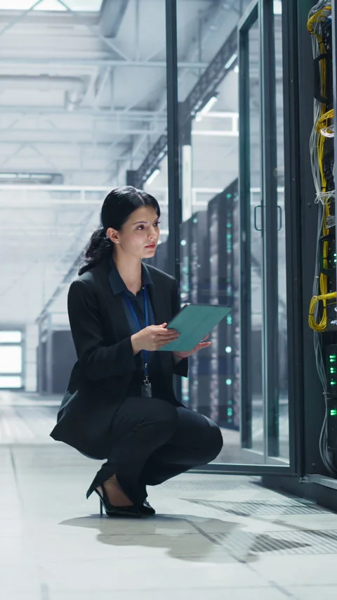 Vertical Screen Female Data Center Specialist Using Tablet Computer Stock Footage 320867575