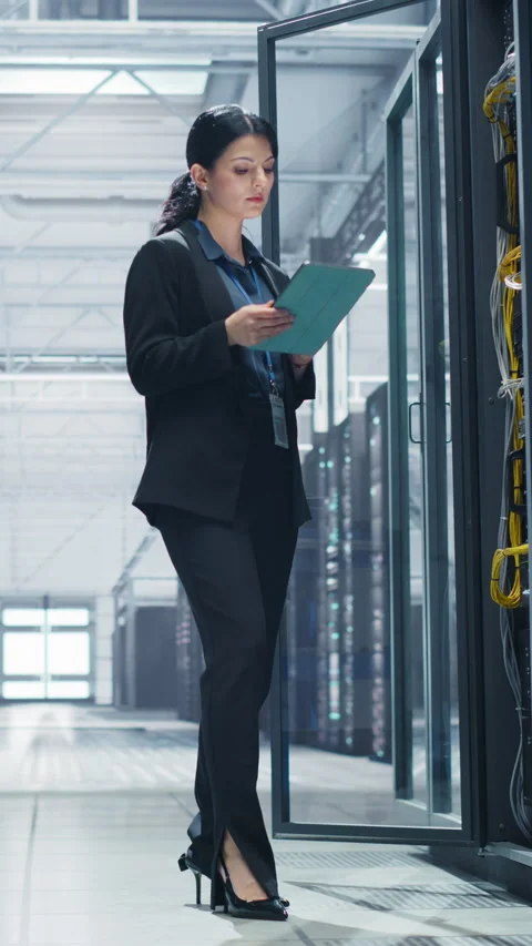 Vertical Screen Female Data Center Specialist Using Tablet Computer Stock Footage 320867597