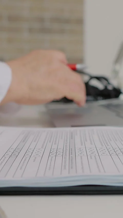 Vertical Screen Female doctor doing paperwork and saving document in laptop Stock Footage 299991962