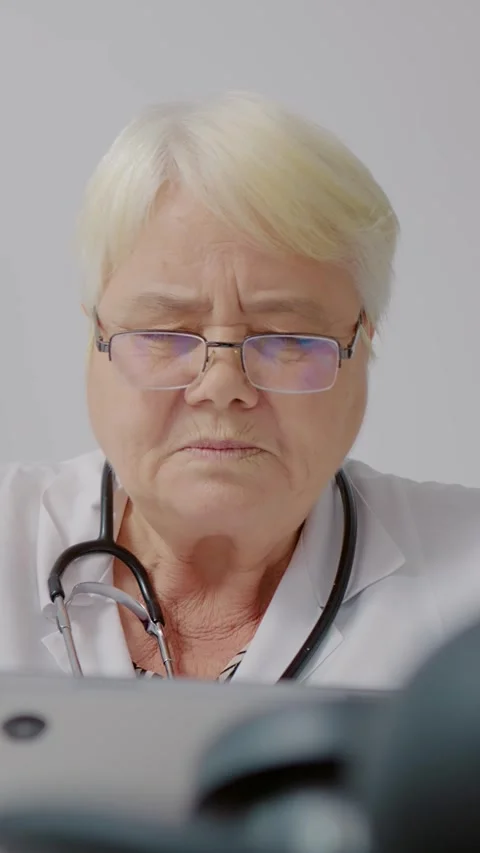 Vertical Screen Female doctor using tablet to process patients data Stock Footage 299992597