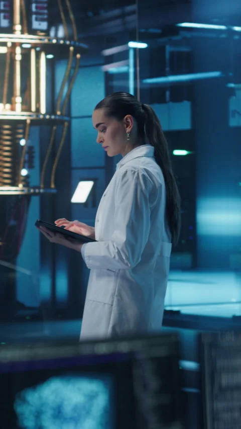 Vertical Screen Female Managing Quantum Computer with Tablet Stock Footage 318966035