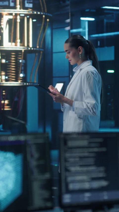 Vertical Screen Female Managing Quantum Computer with Tablet Stock Footage 318966058