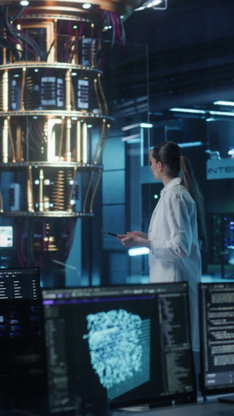 Vertical Screen Female Managing Quantum Computer with Tablet Stock Footage 318966059