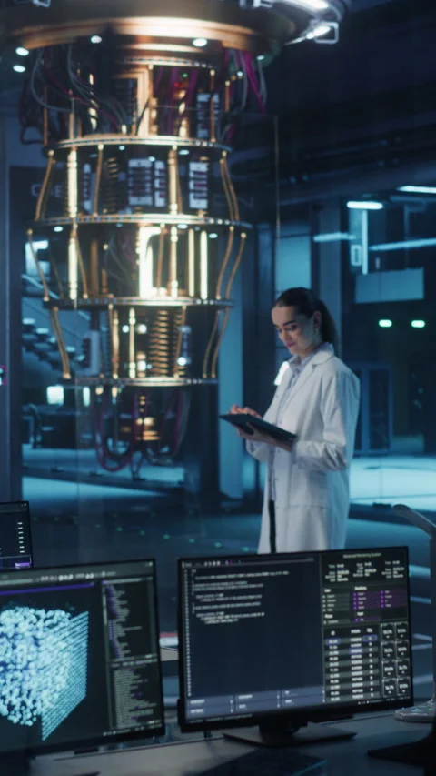 Vertical Screen Female Managing Quantum Computer with Tablet Vidéo 318966084