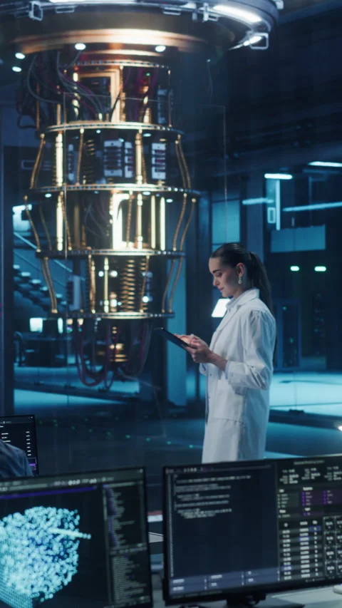 Vertical Screen Female Managing Quantum Computer with Tablet Stock Footage 318966107