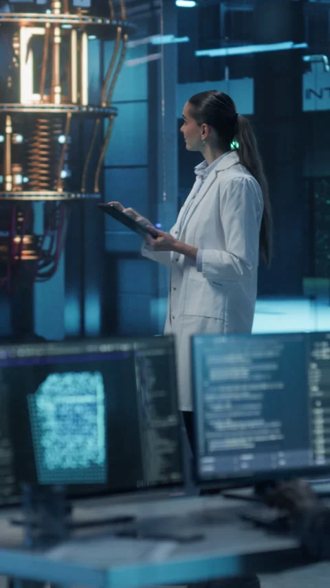 Vertical Screen Female Managing Quantum Computer with Tablet Stock Footage 318966167