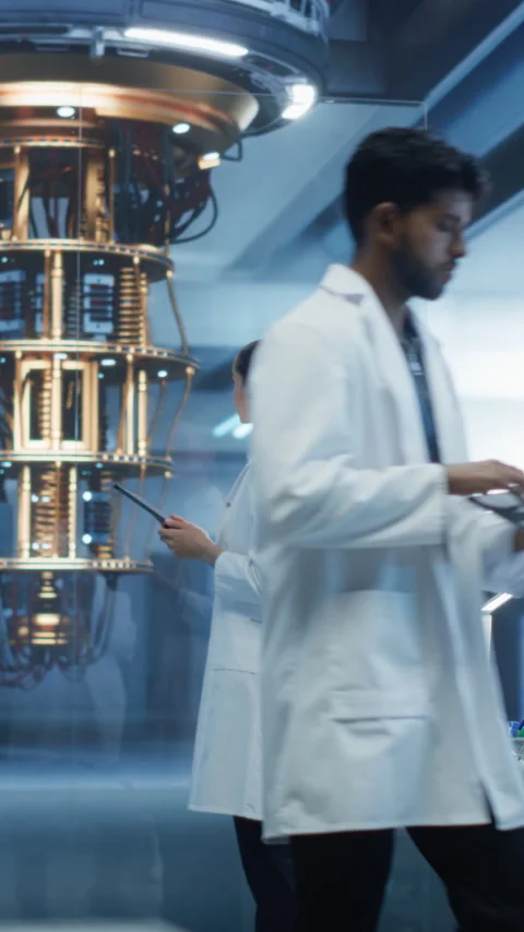 Vertical Screen Female Managing Quantum Computer with Tablet Stock Footage 318966499