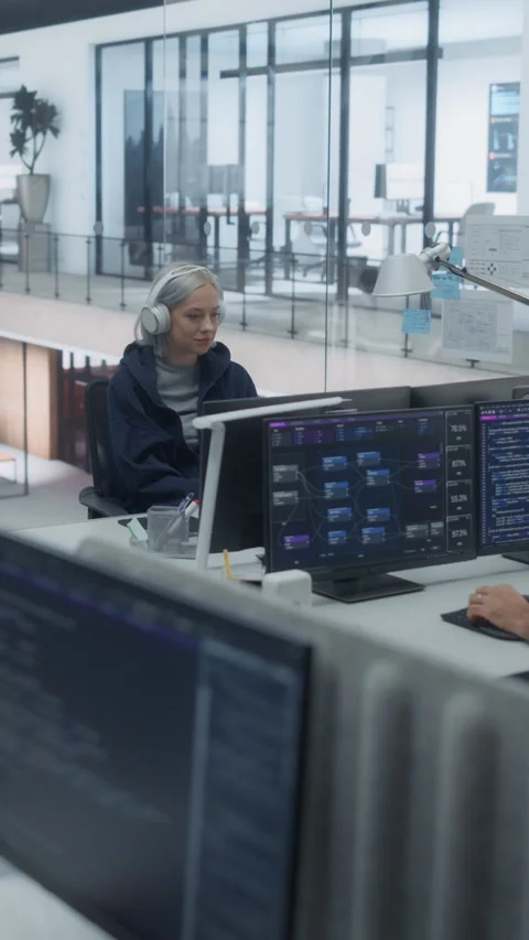 Vertical Screen Female Software Developer Working on Computer Video stock 296185039