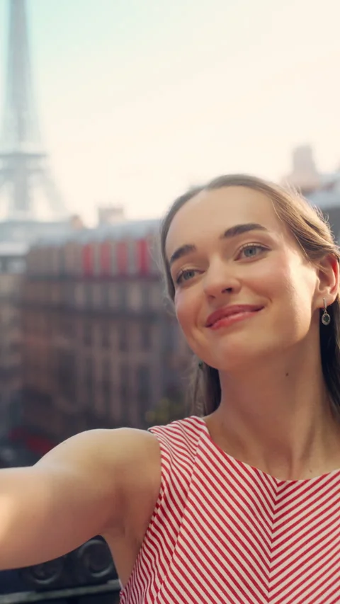 Vertical Screen Female Taking a Selfie on Paris Balcony Stock Footage 296173395
