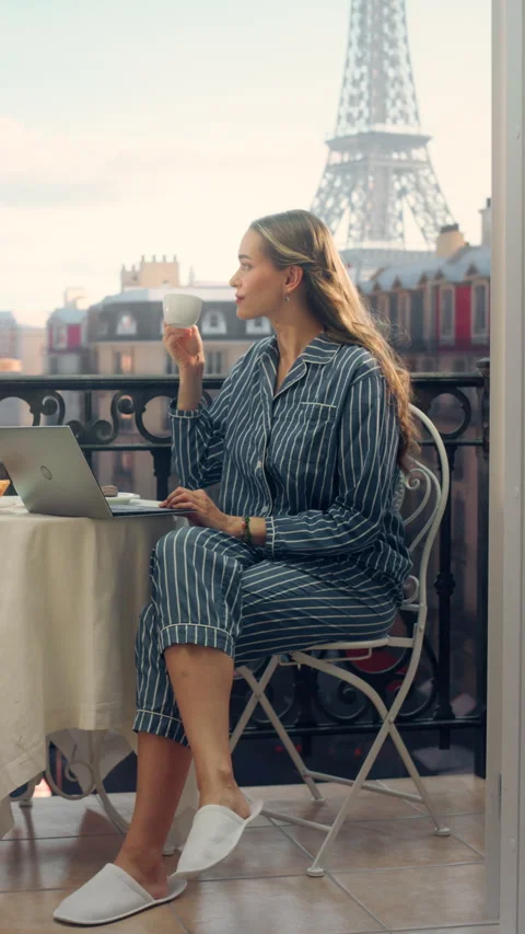 Vertical Screen Female Using Laptop on Paris Balcony Stock Footage 296173246