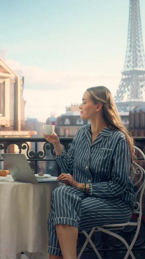 Vertical Screen Female Using Laptop on Paris Balcony Stock Footage 296173252