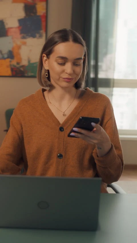 Vertical Screen Female Using Laptop at Home Cinema Robot Footage Stock Footage 320884792