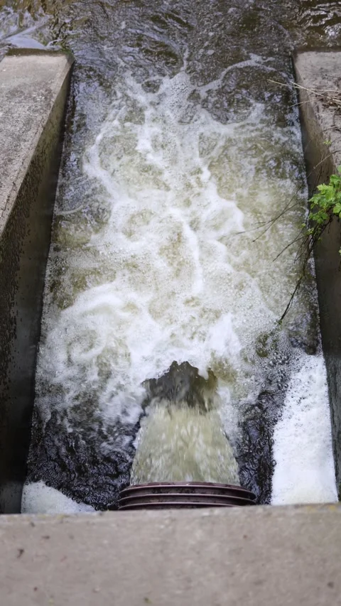 Vertical screen foamy industrial runoff gushes from large pipe into narrow canal Stock Footage 309328244