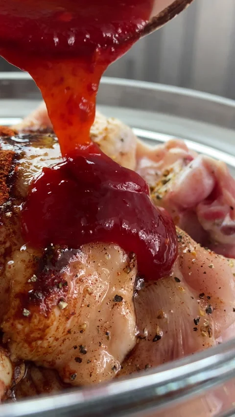 Vertical screen: fresh raw middle chicken wings on wooden board with ingredients Stock Footage 238758826