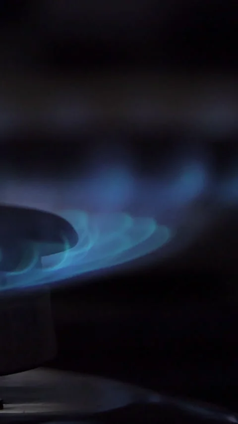 Vertical Screen: Gas switch on and lit on the Kitchen Stove appearing blue flame Stock Footage 232255667