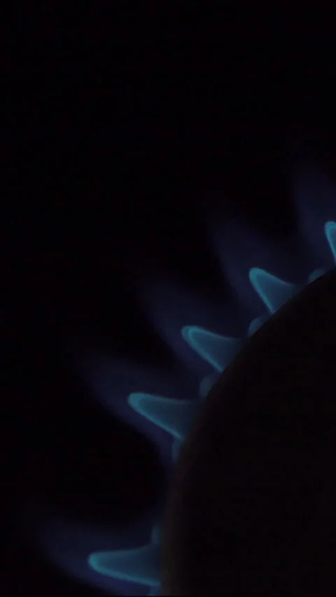 Vertical Screen: Gas switch on and lit on the Kitchen Stove appearing blue flame Stock Footage 232255956