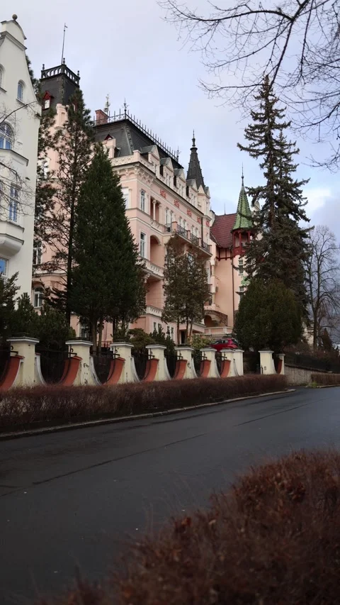 Vertical screen: A grand building with a pink facade, ornate architecture, and a Stock Footage 300539993