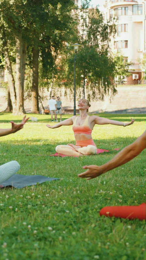 Vertical Screen: Group Yoga Stretching in Park Stock Footage 278668842