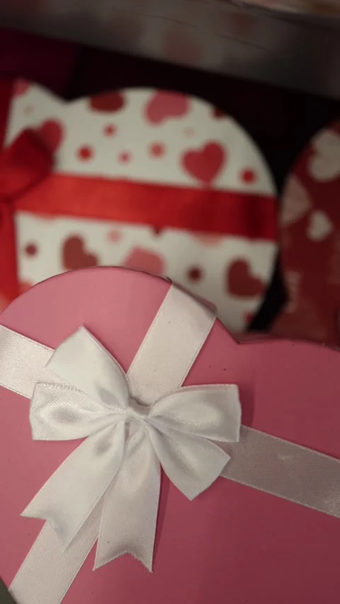 Vertical screen heart shaped gift boxes with bows and romantic patterns  스톡 동영상 330014872